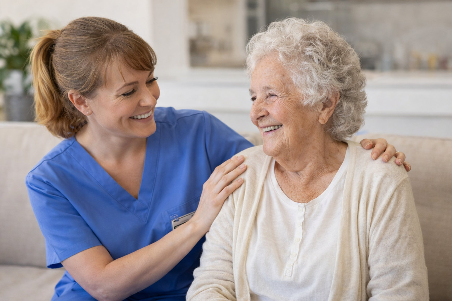 Caregiver helping elderly woman on stairs