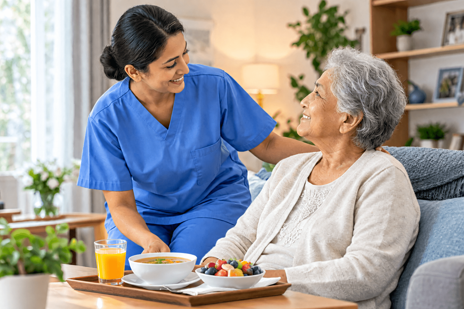 Caregiver serving a soft and healthy meal to a senior woman recovering at home