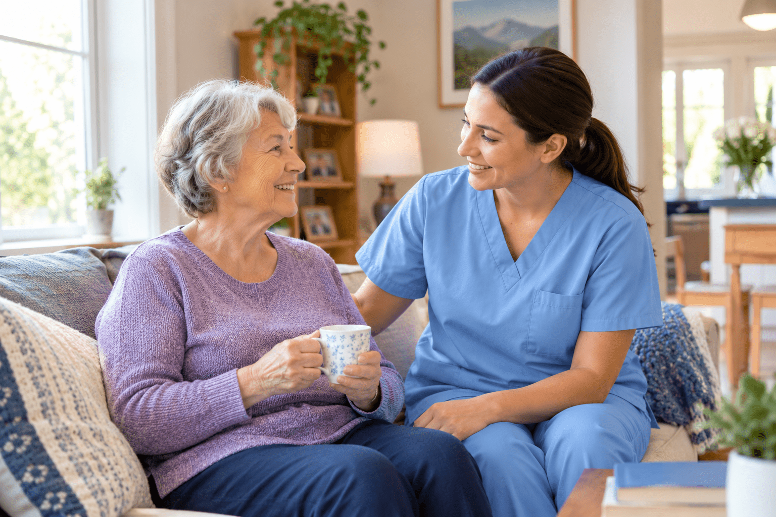 Caregiver and senior woman sharing tea and conversation in the living room