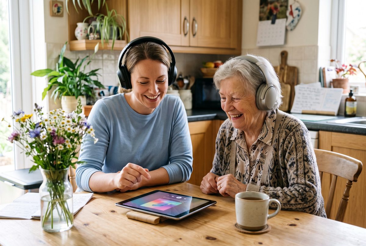 Caregiver and senior woman with dementia listening to music together