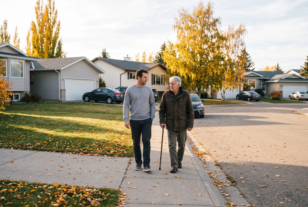 Caregiver walking with an older man using a cane in a Beaumont neighbourhood