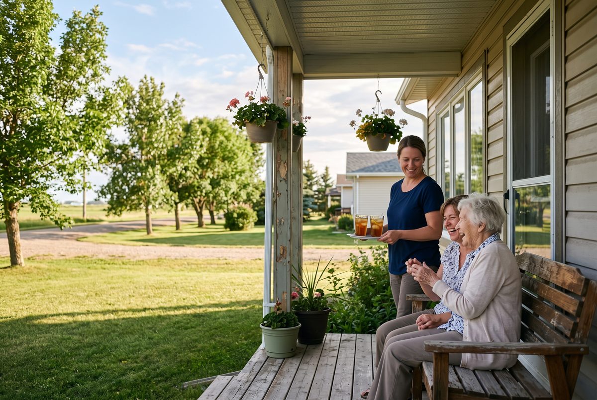 Daughter, mother and caregiver relaxing on a front porch in Leduc, Alberta