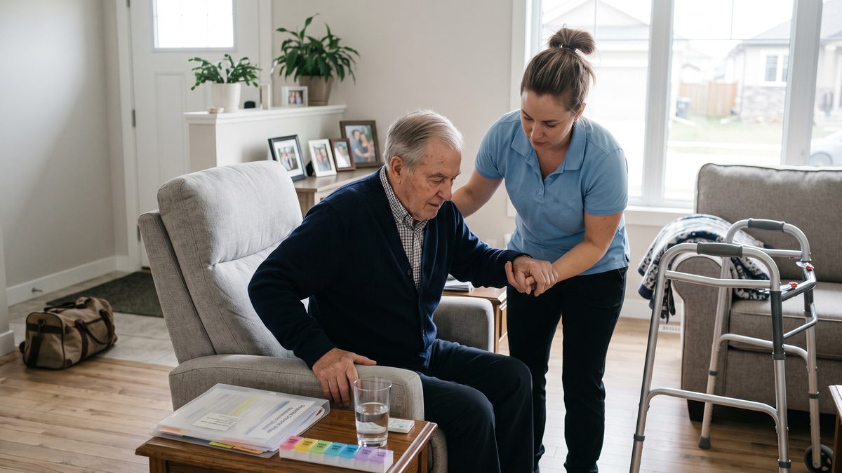 Caregiver helping a senior man into his recliner on his first day home from hospital in Leduc