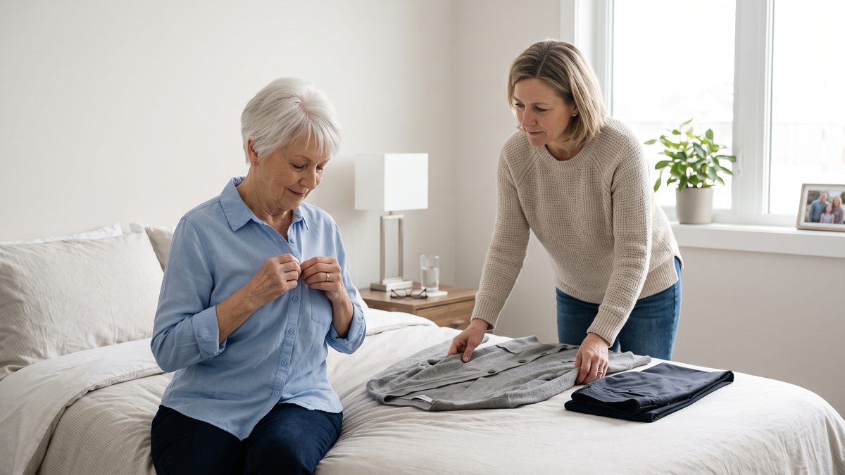 Daughter laying out clothes while her mother with dementia buttons her blouse at home in Edmonton